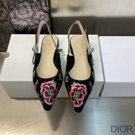 Dior J''Adior Slingback Ballerina Flats Women Petites Fleurs Motif Cotton Black
