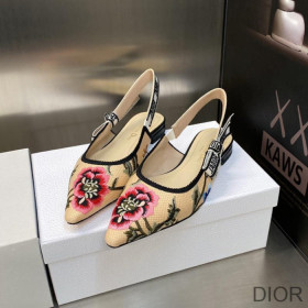 Dior J''Adior Slingback Ballerina Flats Women Petites Fleurs Motif Cotton Khaki