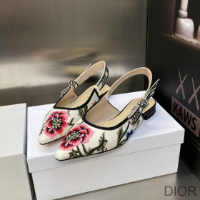 Dior J''Adior Slingback Ballerina Flats Women Petites Fleurs Motif Cotton White