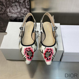 Dior J''Adior Slingback Ballerina Flats Women Petites Fleurs Motif Cotton White