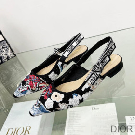 Dior J''Adior Slingback Ballerina Flats Women Toile de Jouy Pop Motif Cotton with Beads and Strass Black