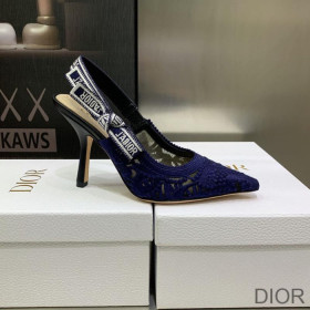 Dior J''Adior Slingback Pumps Women D Lace Macrame Motif Mesh Navy Blue