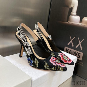 Dior J''Adior Slingback Pumps Women Petites Fleurs Motif Cotton Black