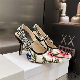 Dior J''Adior Slingback Pumps Women Petites Fleurs Motif Cotton White