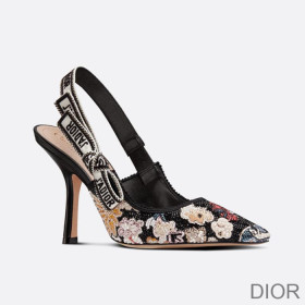 Dior J''Adior Slingback Pumps Women Toile de Jouy Pop Motif Cotton with Beads and Strass Black