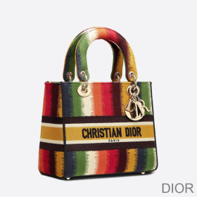 Dior Medium Lady D lite Bag D Stripes Motif Canvas Multicolor