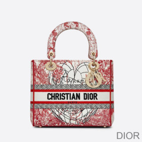 Dior Medium Lady D lite Bag Dioramour D Royaume d''Amour Motif Canvas Red/White