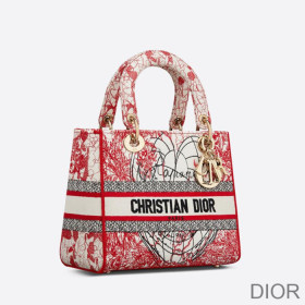 Dior Medium Lady D lite Bag Dioramour D Royaume d''Amour Motif Canvas Red/White