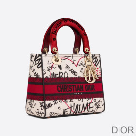 Dior Medium Lady D lite Bag Dioramour Graffiti Motif Canvas White