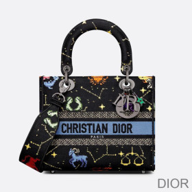 Dior Medium Lady D lite Bag Pixel Zodiac Motif Canvas Black