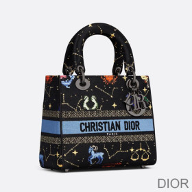 Dior Medium Lady D lite Bag Pixel Zodiac Motif Canvas Black