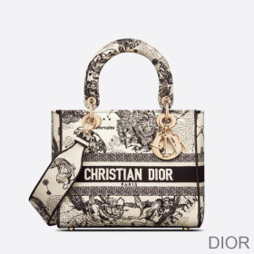 Dior Medium Lady D lite Bag Toile de Jouy Zodiac Motif Canvas White