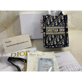 Dior Mini Vertical Dior Book Tote with Strap Blue Dior Oblique Embroidery