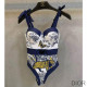 Dior Tie Shoulder Swimsuit Women Tiger Butterfly Print with Logo Lycra Blue